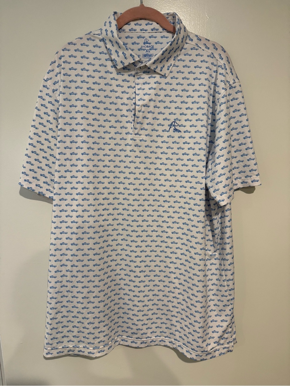 Rhoback White Polo with Blue Truck Microprint